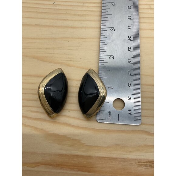 Vintage Gold & Black Post Back Pierced Earrings Oval Shape - Picture 2 of 3